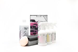 Zawartość zestawu Cleantle Exterior Kit - Neutral TFR, Hydro Glass+, Tire&Wheel QD, EasyOne QD, mikrofibry i aplikator